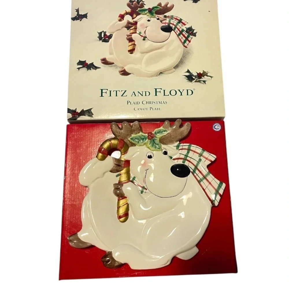 Vintage 1980Fitz & Floyd Christmas Reindeer Canape Plate Cookies Candy Tray 10